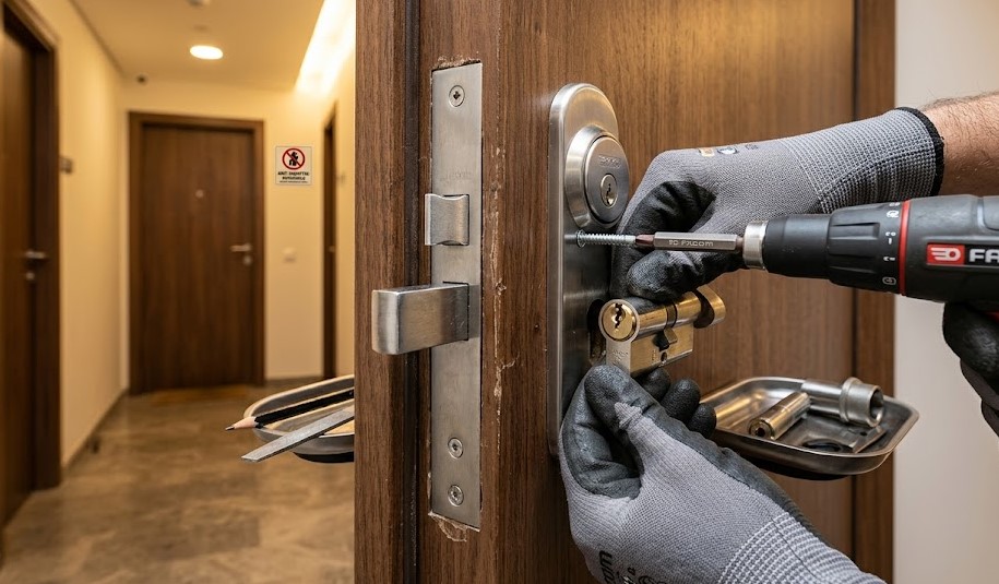 Cerrajero instalando cerradura de alta seguridad en un piso del barrio de La Devesa
